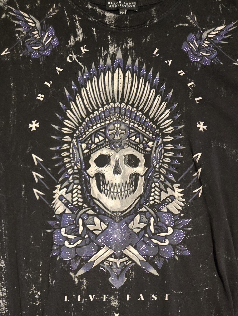 Affliction Black Tee with Purple and White Skull Headdress Graphic